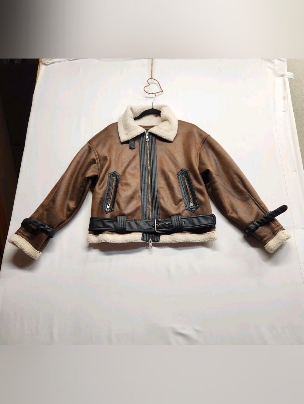 ⭐️NWOT Wild Fable Faux Shearling Aviator Jacket Brown S Distressed Bomber